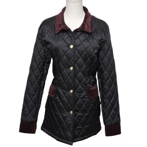 Vince Camuto Jacket Womens Medium Black Burgundy Quilted Button Coat Velvet Trim